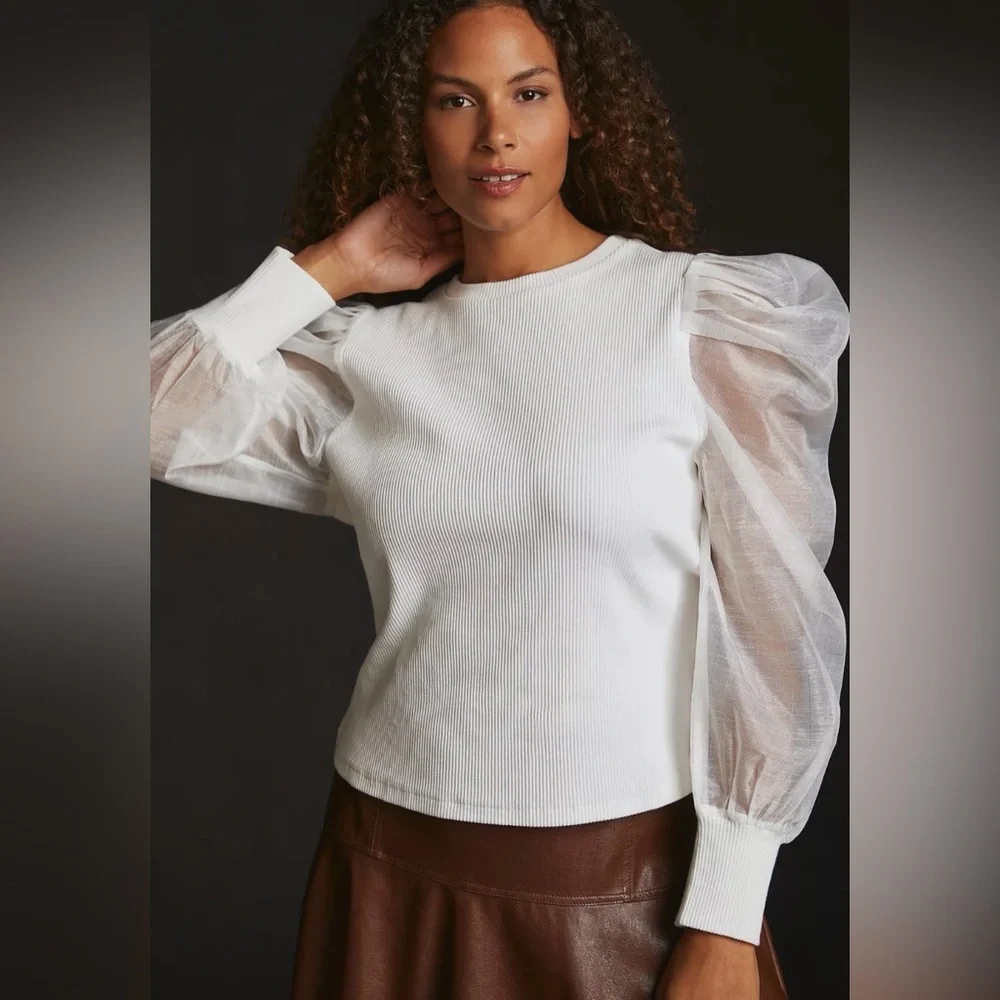 Anthropologie Dolan Elegant Feminine White Puff Organza Sleeve Top